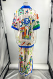 Casual Street Graffiti Print Patchwork Contrast Turndown Collar Short Sleeve Two Pieces