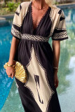 Casual Bohemian Print Rhombus Patchwork V Neck A Line Short Sleeve Dress