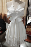 Sexy Solid Color Backless Ruffle Flowers Halter Cake Skirt Dresses