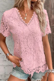 Casual Daily Solid Color Lace V Neck T-Shirts