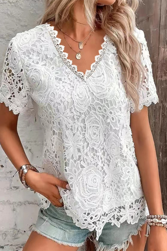 Casual Daily Solid Color Lace V Neck T-Shirts