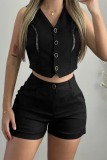 Casual Street Solid Color Buttons Patchwork V Neck Sleeveless Two Pieces
