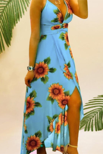 Sexy Vacation Floral Print Slit V Neck Sling Dresses
