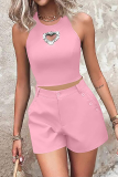 Casual Daily Solid Color Hot Drill Heart-shaped O Neck Sleeveless Two Pieces