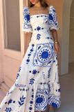 Elegant Print Flowers Flounce Square Collar A Line Dresses