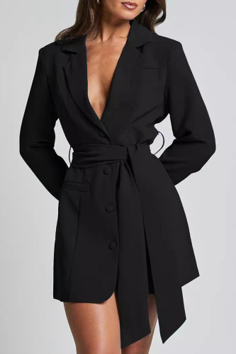 Sexy Formal Solid Color Lace Up Buttons Turn-back Collar Outerwear