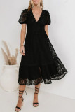 Casual Daily Solid Color Lace Buttons V Neck A Line Dresses