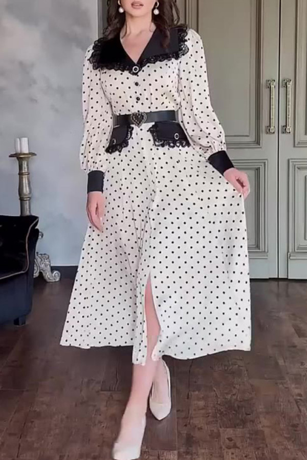 Daily Celebrities Polka Dot Lace With Belt Patchwork Peter Pan Collar A Line Dresses