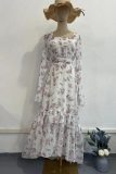 Celebrities Vacation Flowers Print Ruffle Patchwork Square Neck A Line Dresses