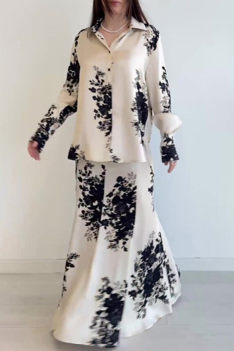 Casual Street Flowers Print Contrast Turndown Collar Long Sleeve Two Pieces