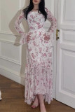 Celebrities Vacation Flowers Print Ruffle Patchwork Square Neck A Line Dresses