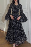 Casual Celebrities Flowers Print Ruffle Irregular V Neck Dresses