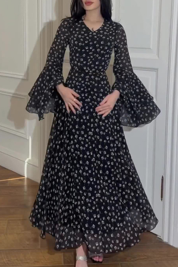 Casual Celebrities Flowers Print Ruffle Irregular V Neck Dresses
