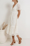 Casual Daily Solid Color Lace Buttons V Neck A Line Dresses