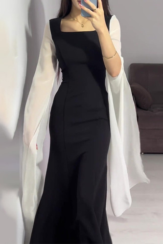 Celebrities Solid Color Slit Contrast Square Neck Evening Dresses