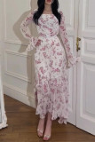 Celebrities Vacation Flowers Print Ruffle Patchwork Square Neck A Line Dresses