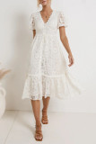 Casual Daily Solid Color Lace Buttons V Neck A Line Dresses