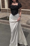 Daily Celebrities Solid Color Patchwork Contrast Square Neck Dresses