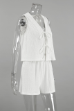 Casual Daily Solid Color Lace Up Ruched V Neck Sleeveless Two Pieces