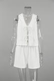 Casual Daily Solid Color Lace Up Ruched V Neck Sleeveless Two Pieces