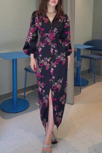 Daily Celebrities Floral Print Slit V Neck Wrapped Skirt Dresses