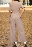 Casual Daily Solid Color Pocket Lace Up V Neck Loose Jumpsuits