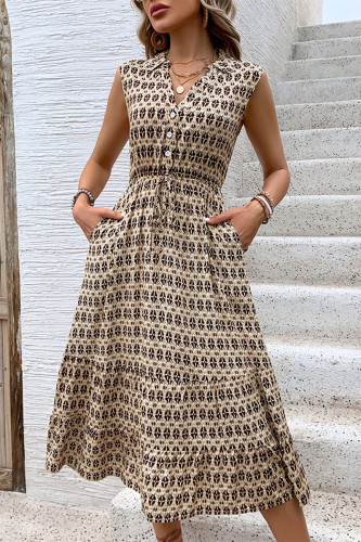 Casual Vacation Geometric Print Pocket Buttons Patchwork V Neck Sleeveless Dresses
