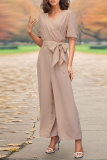 Casual Daily Solid Color Pocket Lace Up V Neck Loose Jumpsuits