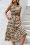 Casual Vacation Geometric Print Pocket Buttons Patchwork V Neck Sleeveless Dresses