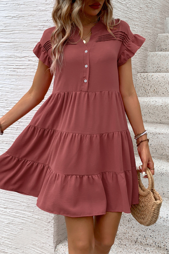 Casual Daily Solid Color Buttons Ruffle V Neck A Line Short Sleeve Dress