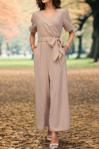 Casual Daily Solid Color Pocket Lace Up V Neck Loose Jumpsuits