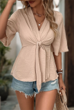 Casual Daily Solid Color Ruched Knotted V Neck Tops