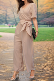 Casual Daily Solid Color Pocket Lace Up V Neck Loose Jumpsuits