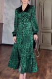 Celebrities Elegant Leopard Print Patchwork Contrast Turndown Collar Waist Skirt Dresses