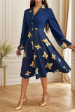 Elegant Flowers Print Buckle Turndown Collar A Line Dresses