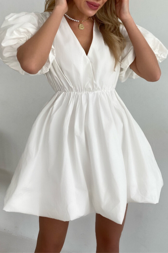Casual Solid Color Ruched V Neck Princess Short Sleeve Dress