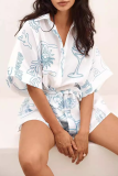 Casual Daily Graffiti Print Lace Up Turndown Collar Loose Rompers