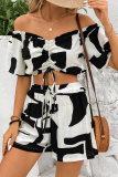 Sexy Daily Animal Print Draw String Contrast Off Shoulder Short Sleeve Two Pieces