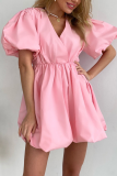 Casual Solid Color Ruched V Neck Princess Short Sleeve Dress
