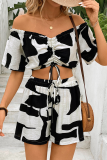 Sexy Daily Animal Print Draw String Contrast Off Shoulder Short Sleeve Two Pieces