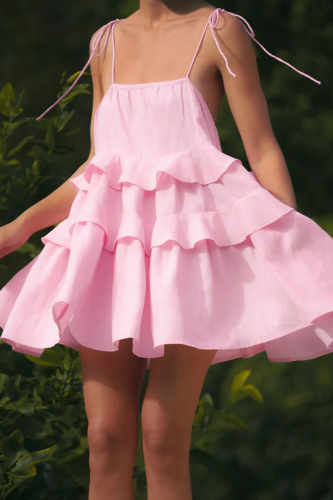 Sexy Solid Color Lace Up U Neck Cake Skirt Dresses
