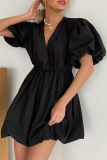 Casual Solid Color Ruched V Neck Princess Short Sleeve Dress