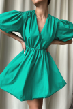 Casual Solid Color Ruched V Neck Princess Short Sleeve Dress