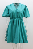 Casual Solid Color Ruched V Neck Princess Short Sleeve Dress