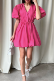Casual Solid Color Ruched V Neck Princess Short Sleeve Dress