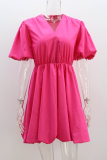 Casual Solid Color Ruched V Neck Princess Short Sleeve Dress