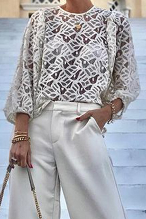 Casual Solid Color Lace Up See-Through O Neck Tops