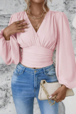 Daily Elegant Solid Color Ruched V Neck Tops