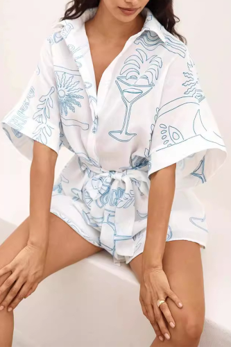 Casual Daily Graffiti Print Lace Up Turndown Collar Loose Rompers