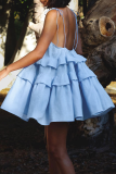 Sexy Solid Color Lace Up U Neck Cake Skirt Dresses